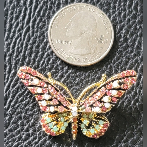 Gorgeous Butterfly Brooch with Pink, Green, & Amber Rhinestones - Picture 3 of 4